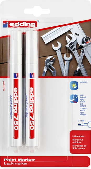 Paintmarker edding 750 op oliebasis 2-4mm wit blister à 2 stuks