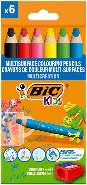 Kleurpotloden BicKids Multi Surface + puntenslijper assorti 6 stuks