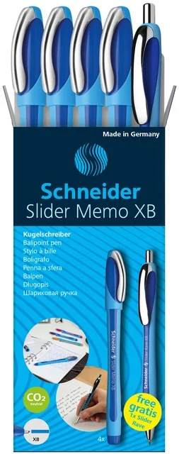 Balpen Schneider Slider Memo XB  blauw 4st + 1 gratis Slider balpen