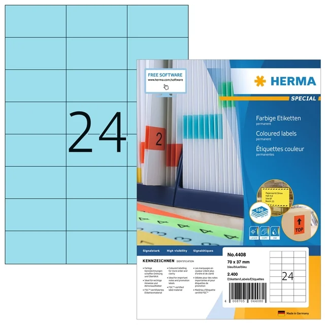 Etiket HERMA 4408 70x37mm blauw 2400 stuks