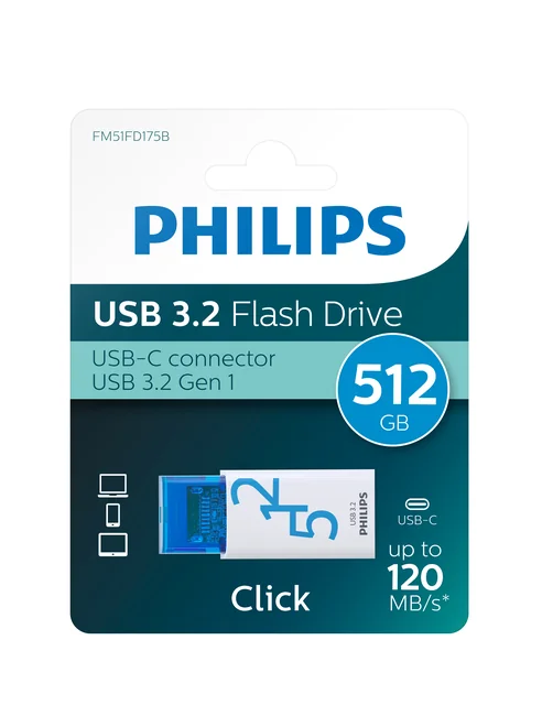 USB stick 3.2 Philips Click USB-C 512GB blauw