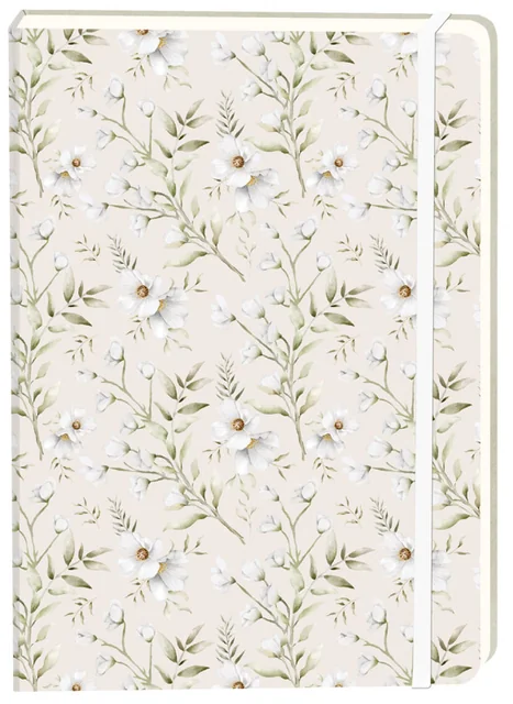 Notitieboek witte bloemen A5 lijn 92 pagina's softcover creme