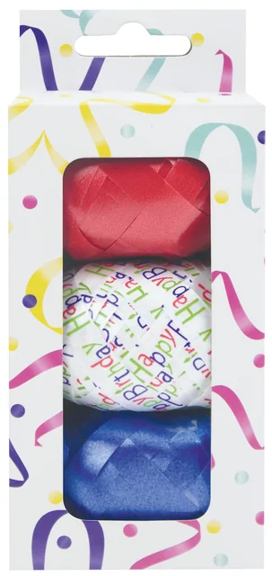 Krullint set à 3 kleuren rood, blauw en wit met happy birthday