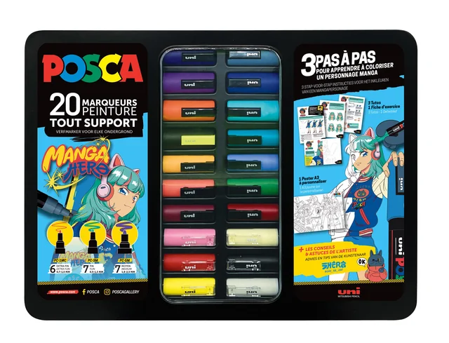 Paintmarker Uni POSCA Manga Hero assorti metalen koffer à 20 stuks