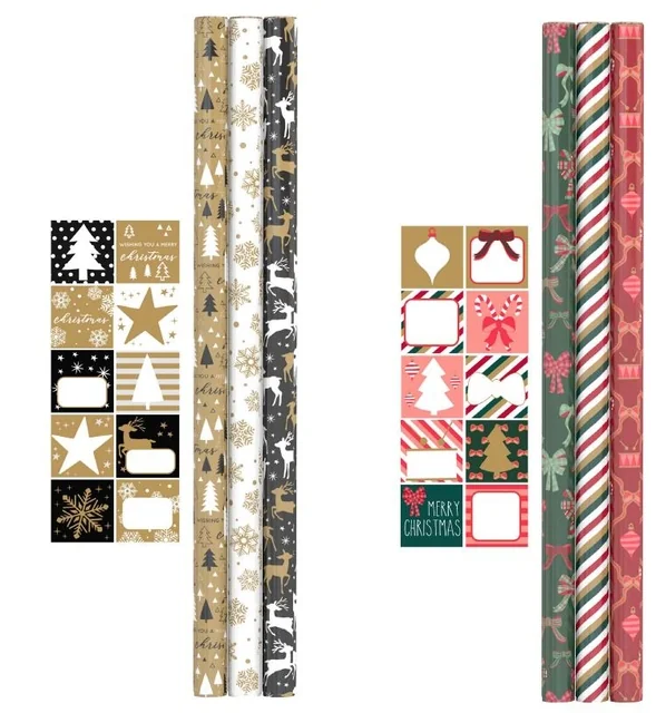 Inpakpapier Kerst 200x70cm set à 3 rol+stickervel